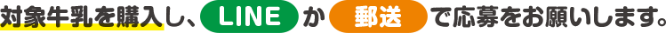 対象⽜乳を購⼊し、LINEか郵送で応募をお願いします。
